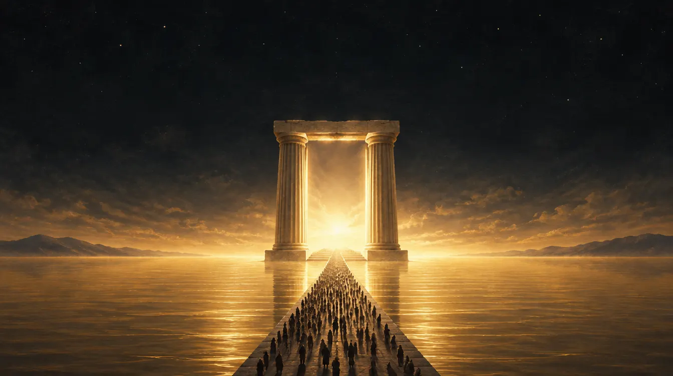 A golden gateway rises above a path across still water